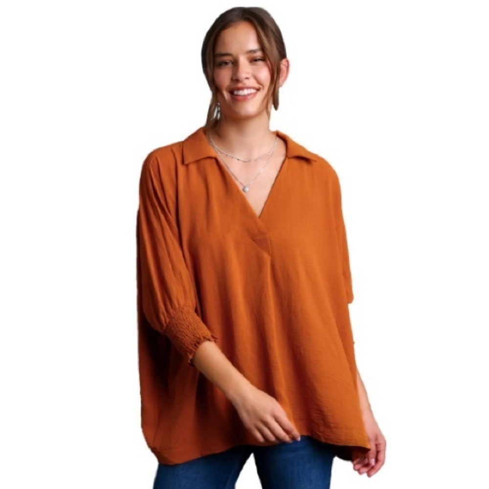 Umgee Womens M Orange V-neckline Noched Collar boho Hippie Top Cuff Long Sleeve
